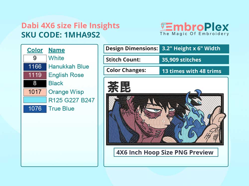 Anime-Inspired Dabi Embroidery Design File - 4x6 Inch hoop Size Variation overview image