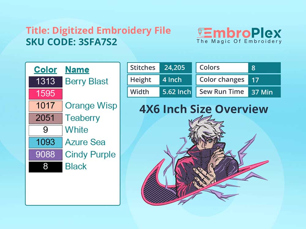 Gojo Embroidery Design File - 4x6 Inch hoop Size Variation overview image