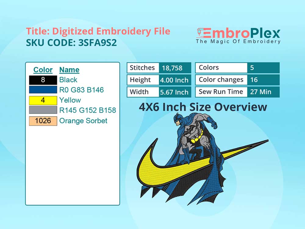 Batman  Embroidery Design File - 4x6 Inch hoop Size Variation overview image