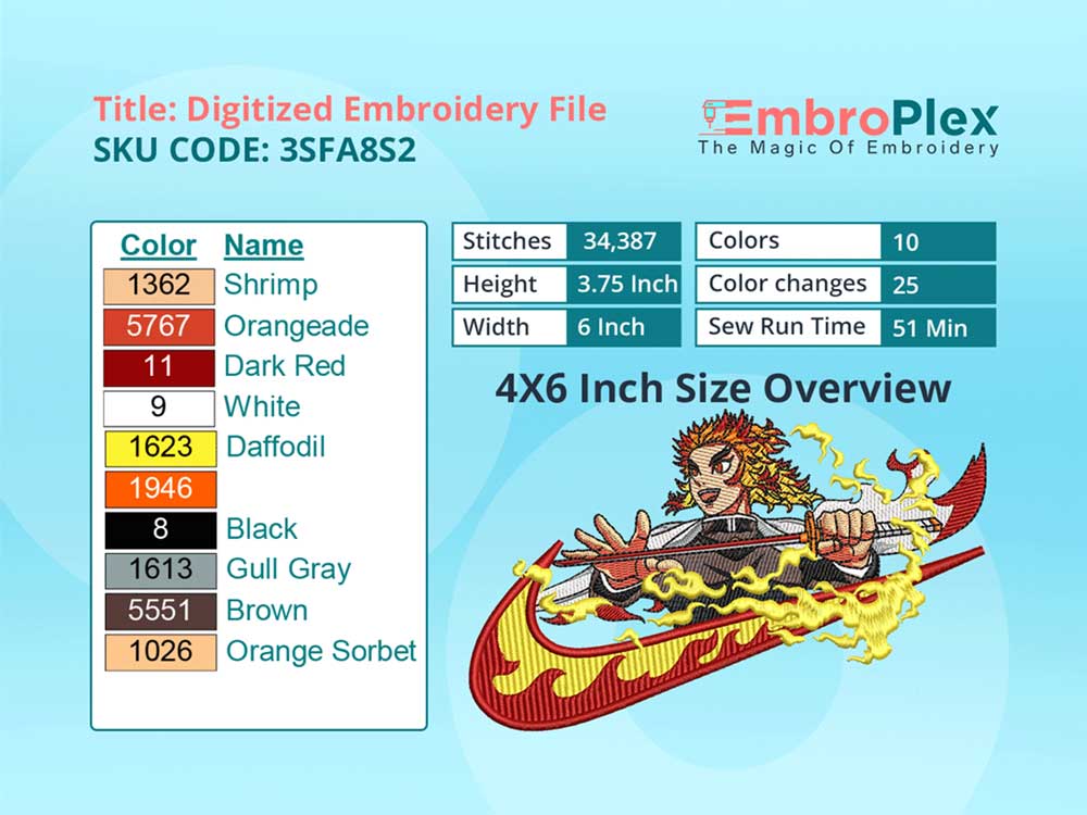 Rengoku Embroidery Design File - 4x6 Inch hoop Size Variation overview image