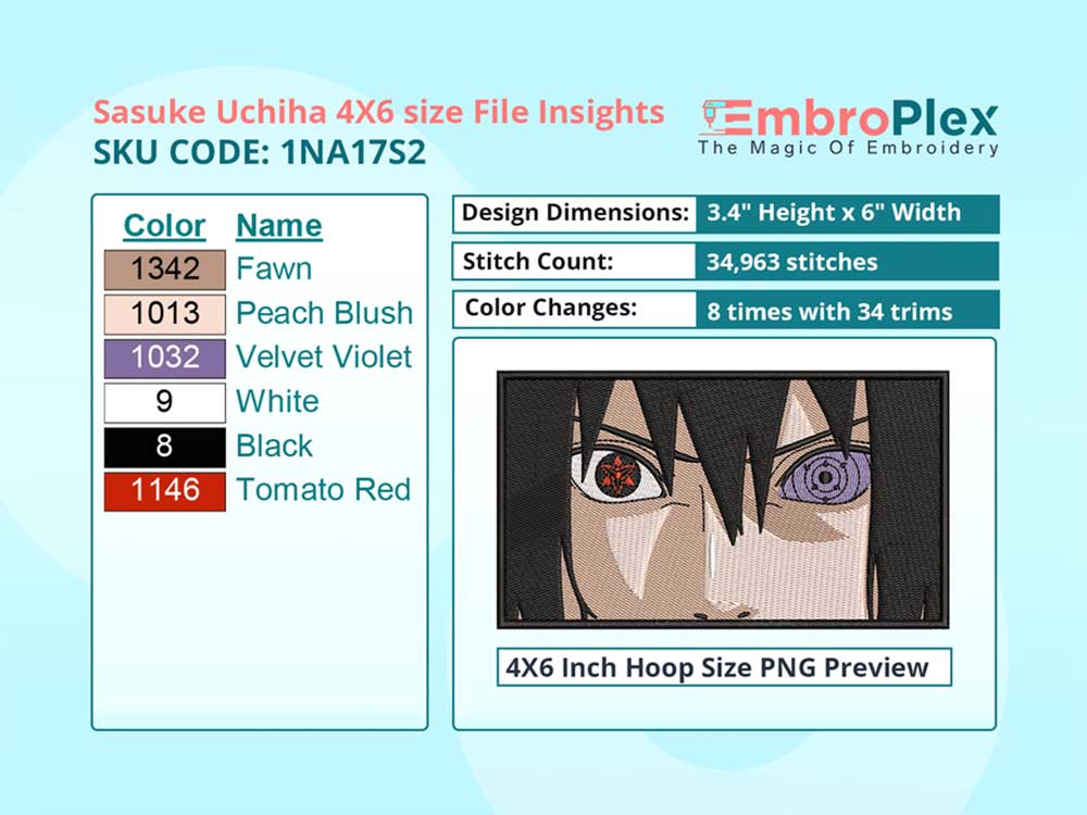Anime-Inspired Sasuke Uchiha Embroidery Design File - 4x6 Inch hoop Size Variation overview image