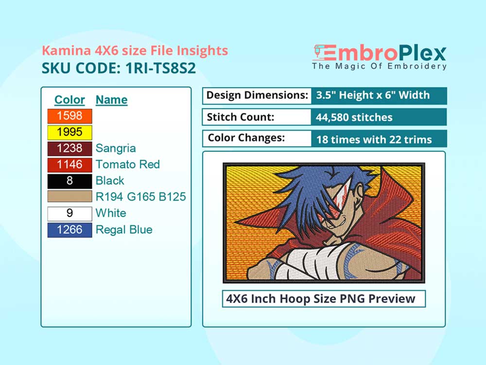  Anime-Inspired Kamina Embroidery Design File - 4x6 Inch hoop Size Variation overview image