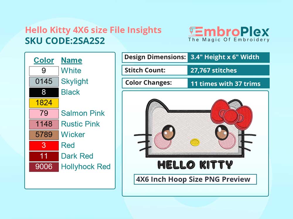 Cartoon-Inspired Hello Kitty Embroidery Design File - 4x6 Inch hoop Size Variation overview image