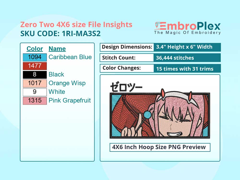 Anime-Inspired Zero Two Embroidery Design File - 4x6 Inch hoop Size Variation overview image