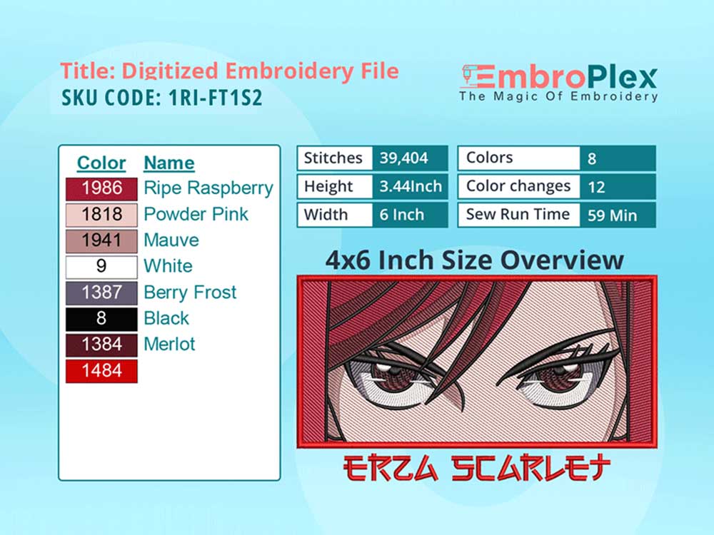 Anime-Inspired Erza Scarlet Embroidery Design File - 4x6 Inch hoop Size Variation overview image