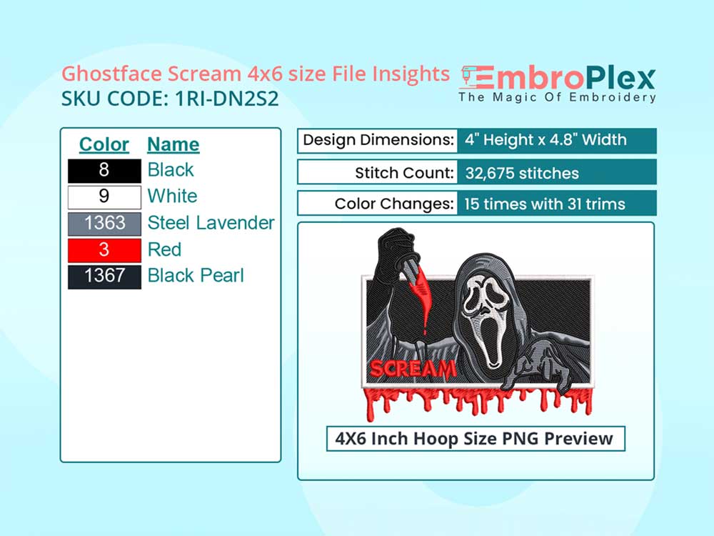 Anime-Inspired Ghostface Scream Embroidery Design File - 4x6 Inch hoop Size Variation overview image