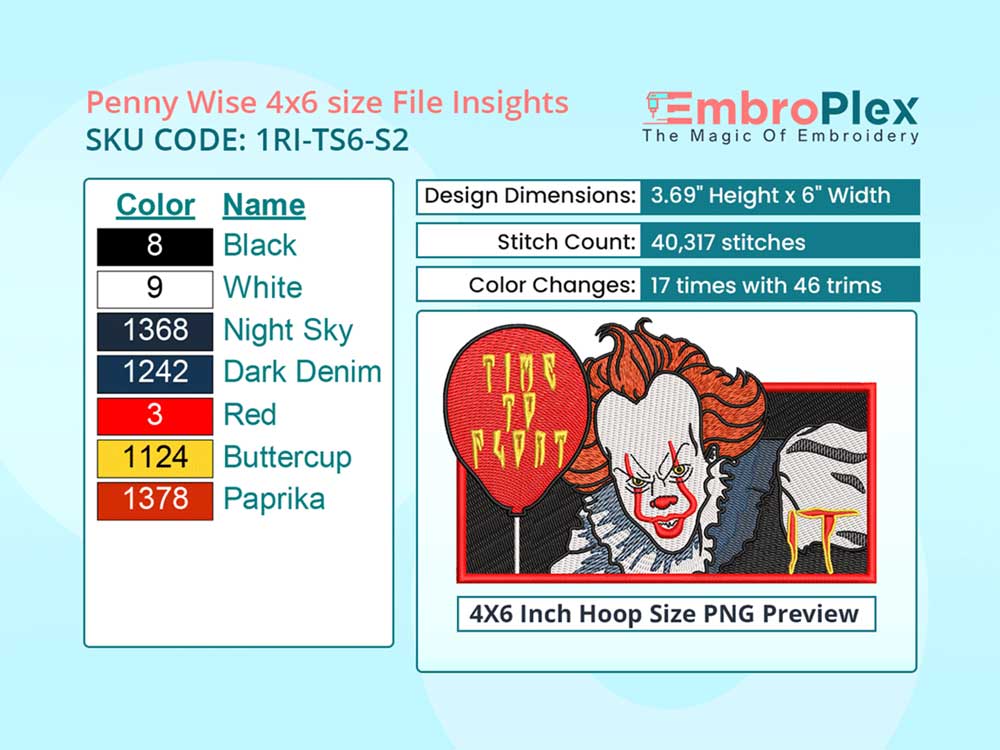 Anime-Inspired Pennywise Embroidery Design File - 4x6 Inch hoop Size Variation overview image