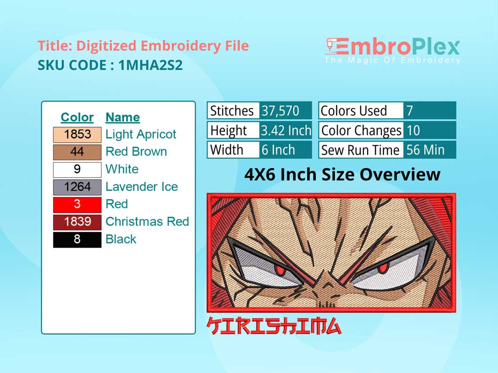Anime-Inspired Eijiro Kirishima Embroidery Design File - 4x6 Inch hoop Size Variation overview image