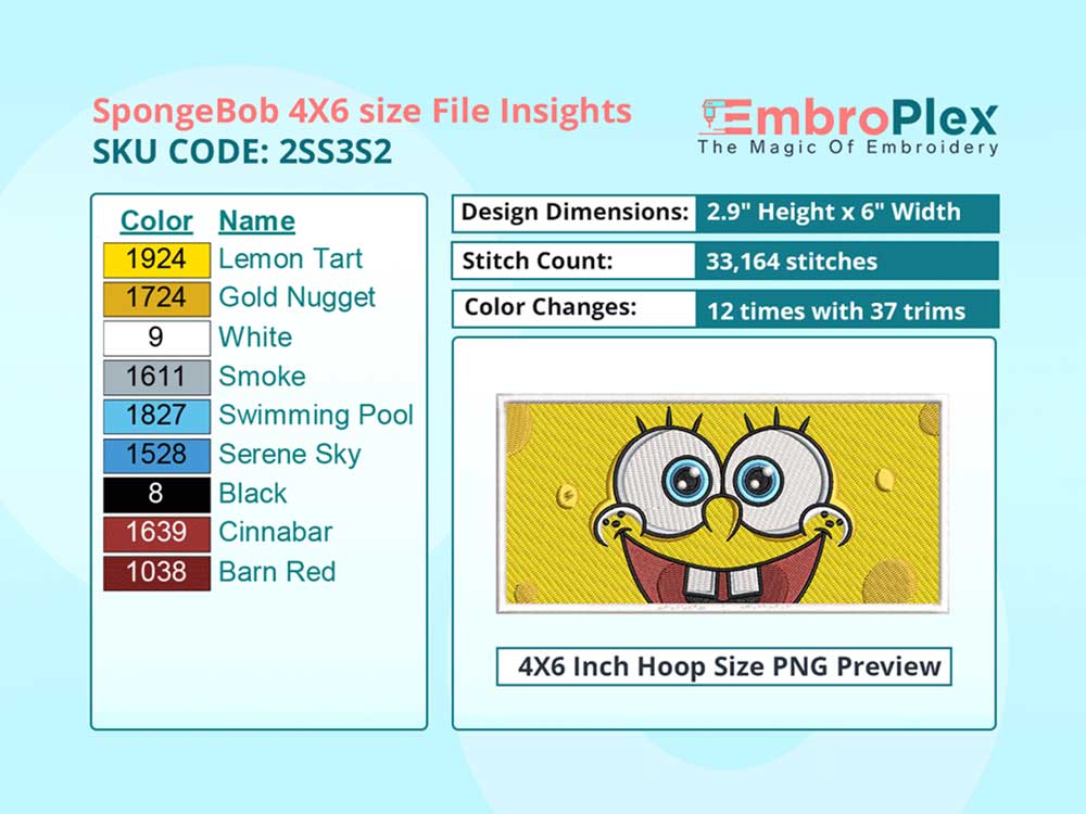 Cartoon-Inspired SpongeBob Embroidery Design File - 4x6 Inch hoop Size Variation overview image