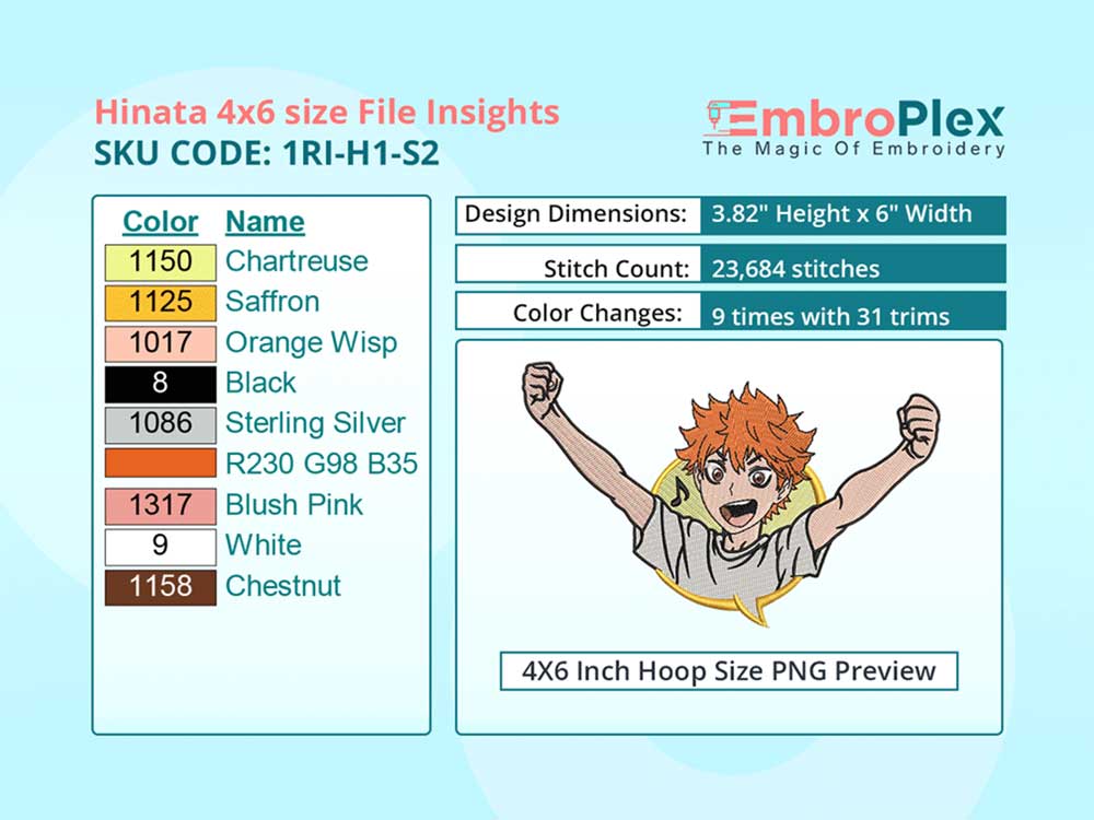 Anime-Inspired Shoyo Hinata Embroidery Design File - 4x6 Inch hoop Size Variation overview image
