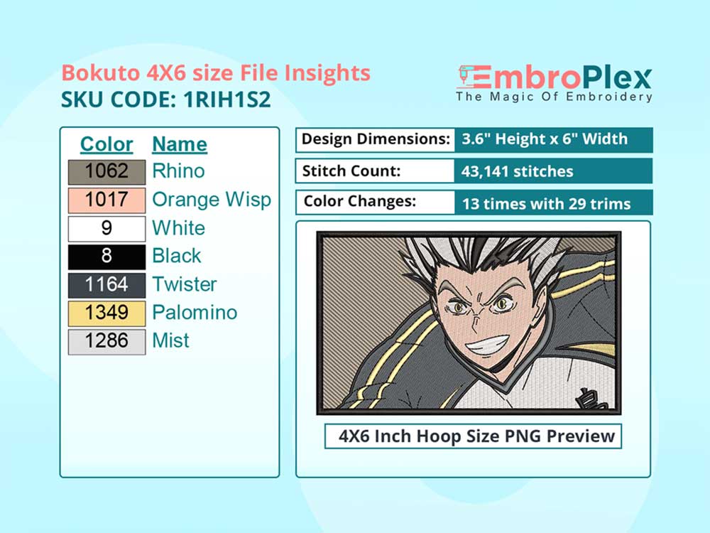 Anime-Inspired Bokuto Embroidery Design File - 4x6 Inch hoop Size Variation overview image