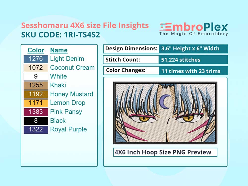 Anime-Inspired Sesshomaru Embroidery Design File - 4x6 Inch hoop Size Variation overview image