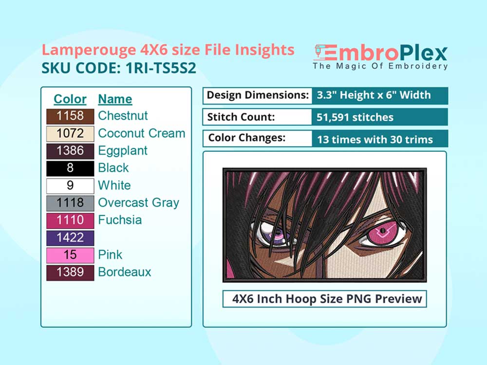 Anime-Inspired Lamperouge Embroidery Design File - 4x6 Inch hoop Size Variation overview image