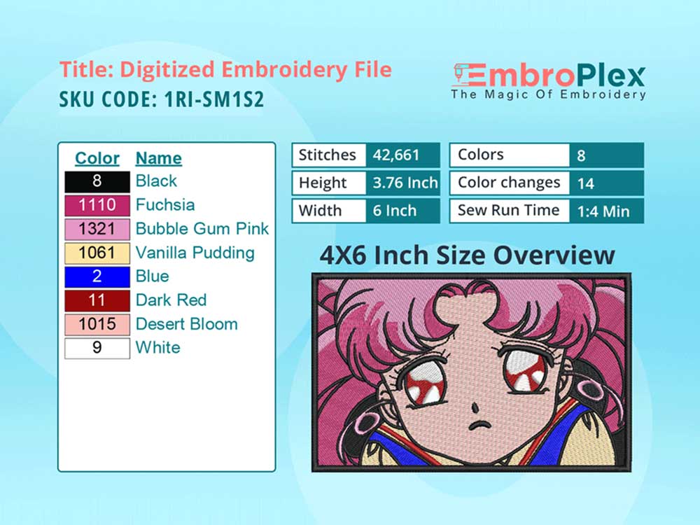 Anime-Inspired Sailor Moon Embroidery Design File - 4x6 Inch hoop Size Variation overview image