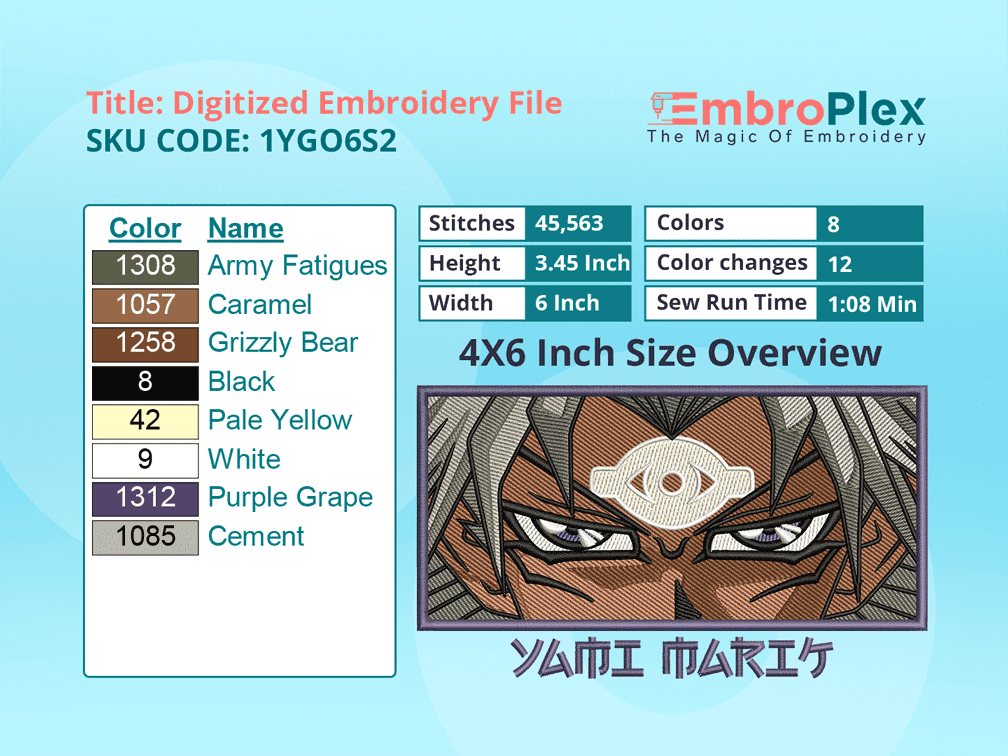 Anime-Inspired Yami Marik Embroidery Design File - 4x6 Inch hoop Size Variation overview image