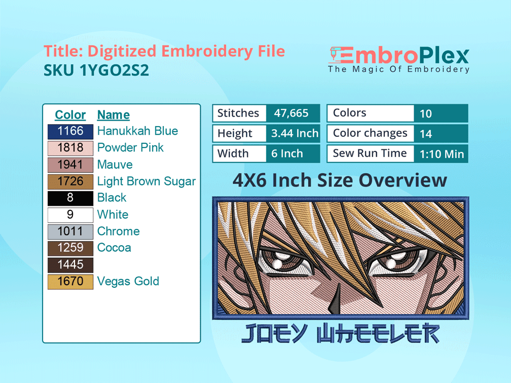 Anime-Inspired Joey Wheeler Embroidery Design File - 4x6 Inch hoop Size Variation overview image