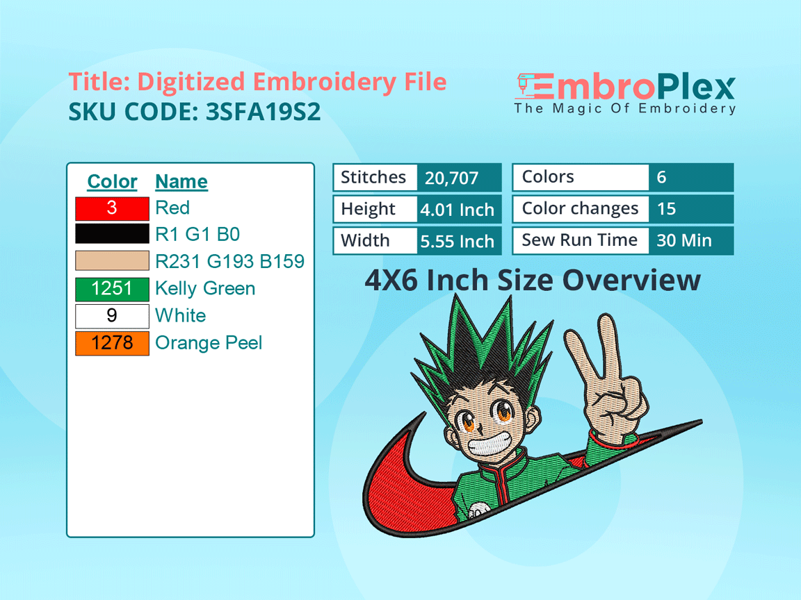 Gon Embroidery Design File - 4x6 Inch hoop Size Variation overview image