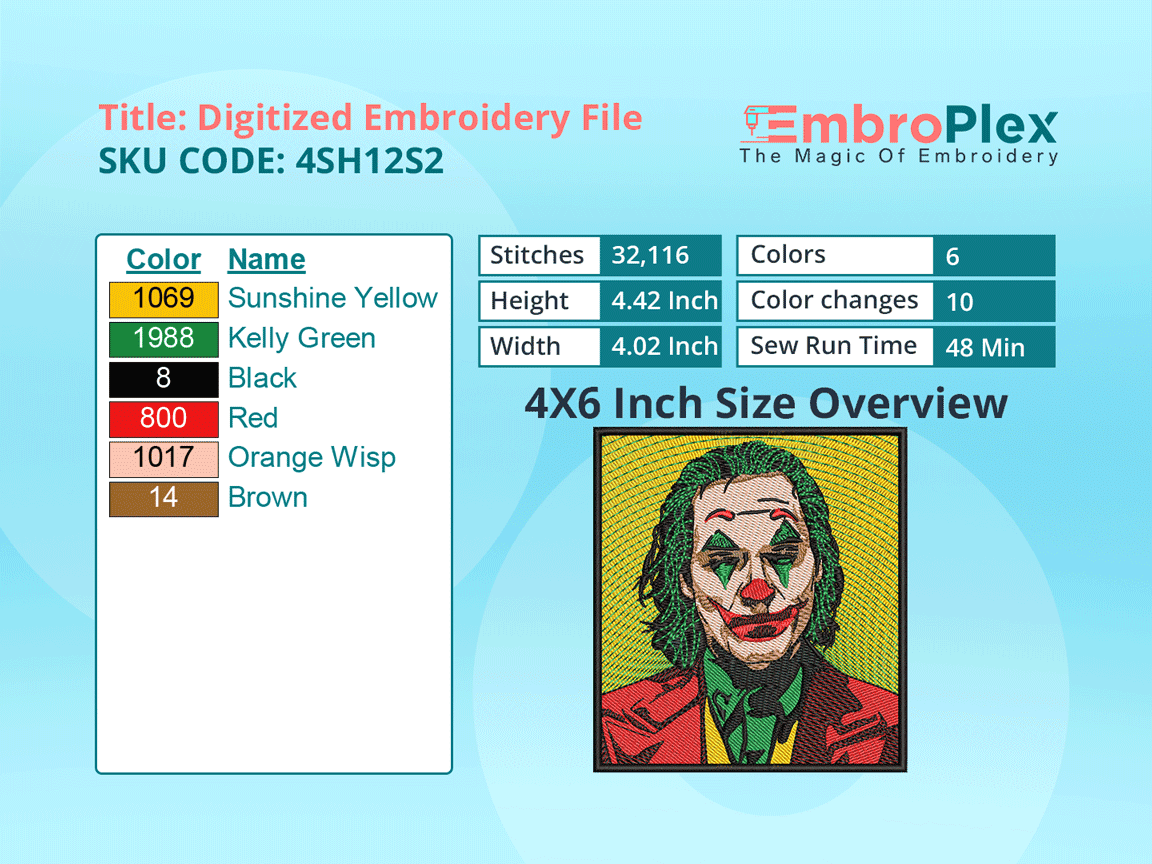 Super Hero-Inspired    Joker Embroidery Design File - 4x6 Inch hoop Size Variation overview image