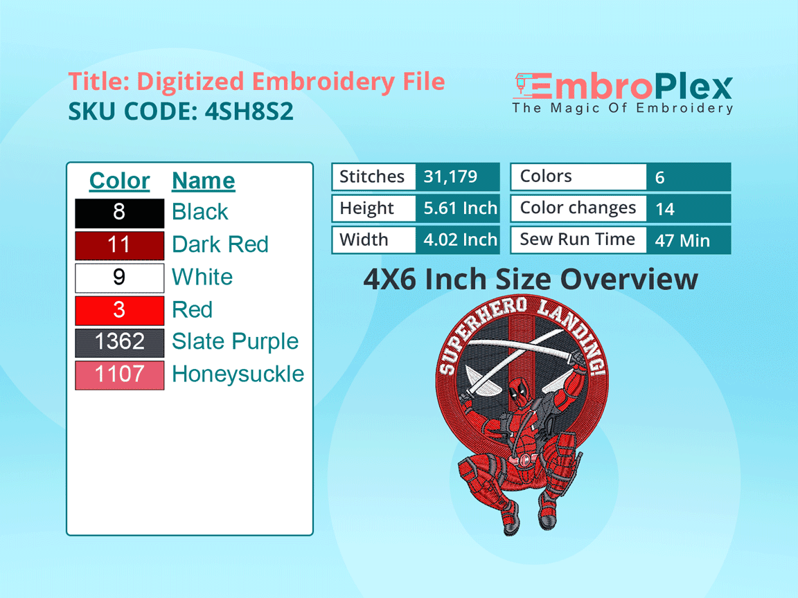 Super Hero-Inspired  DeadPool Embroidery Design File - 4x6 Inch hoop Size Variation overview image