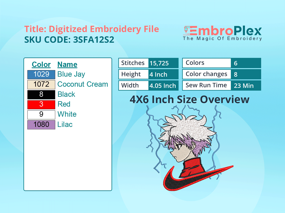 Killua Embroidery Design File - 4x6 Inch hoop Size Variation overview image