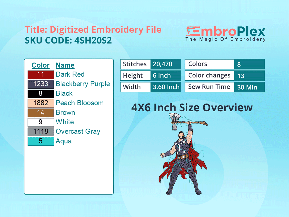 Super Hero-Inspired  Thor Embroidery Design File - 4x6 Inch hoop Size Variation overview image