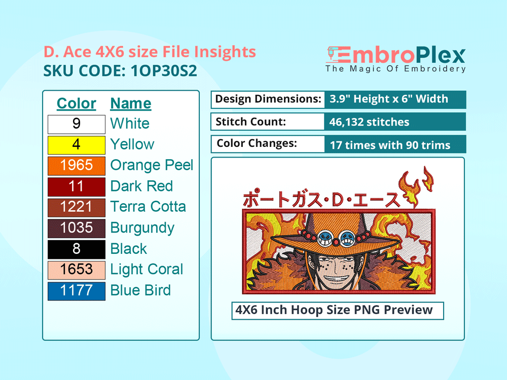  Anime-Inspired D. Ace Embroidery Design File - 4x6 Inch hoop Size Variation overview image