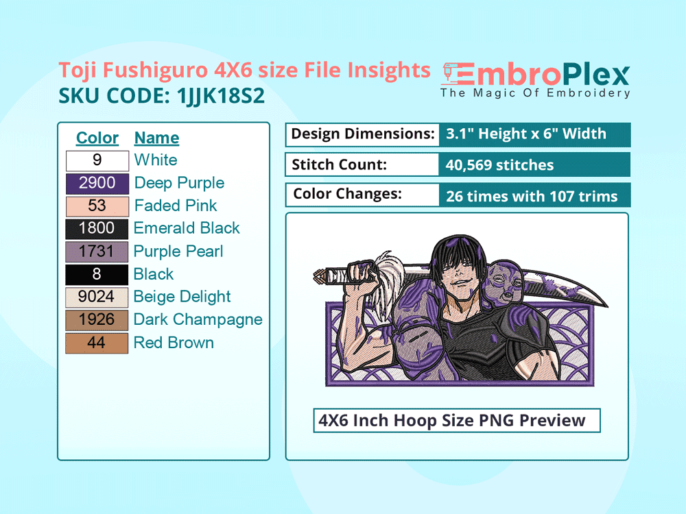 Anime-Inspired Toji Fushiguro Embroidery Design File - 4x6 Inch hoop Size Variation overview image