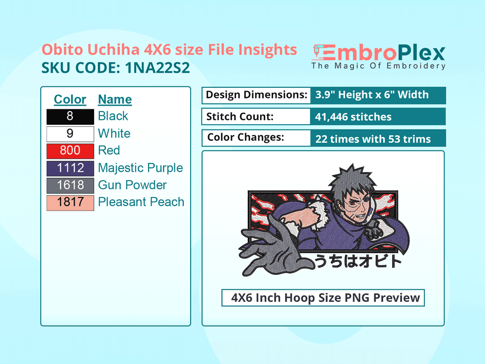 Anime-Inspired Obito Uchiha Embroidery Design File - 4x6 Inch hoop Size Variation overview image