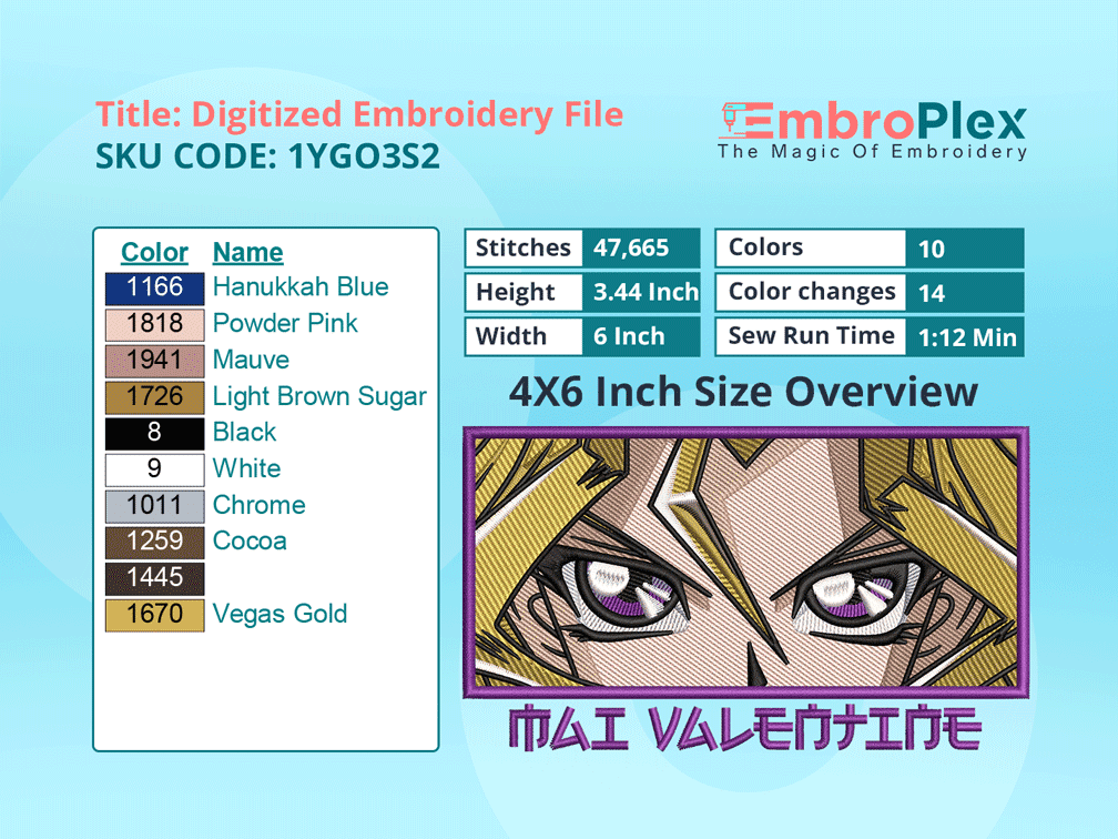 Anime-Inspired Mai Valentine Embroidery Design File - 4x6 Inch hoop Size Variation overview image