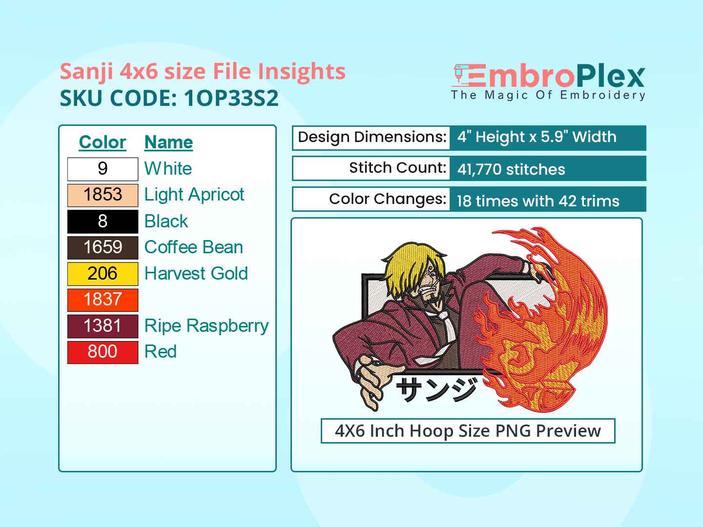 Anime-Inspired Sanji Embroidery Design File - 4x6 Inch hoop Size Variation overview image