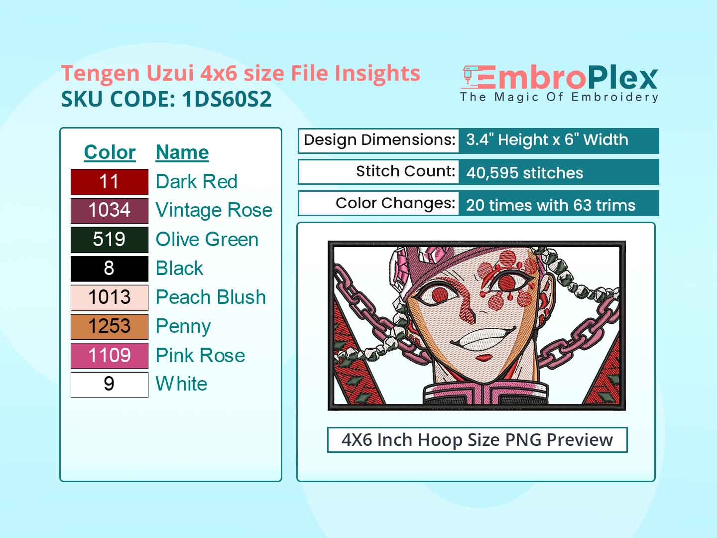 Anime-Inspired Tengen Uzui Embroidery Design File - 4x6 Inch hoop Size Variation overview image