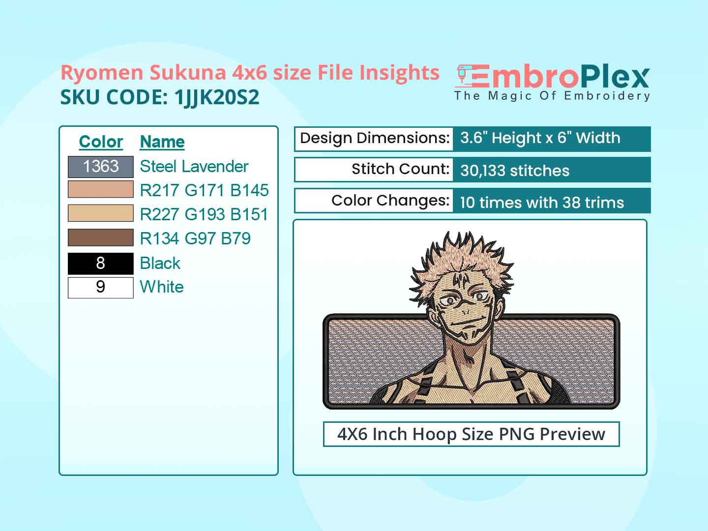 Anime-Inspired Ryomen Sukuna Embroidery Design File - 4x6 Inch hoop Size Variation overview image