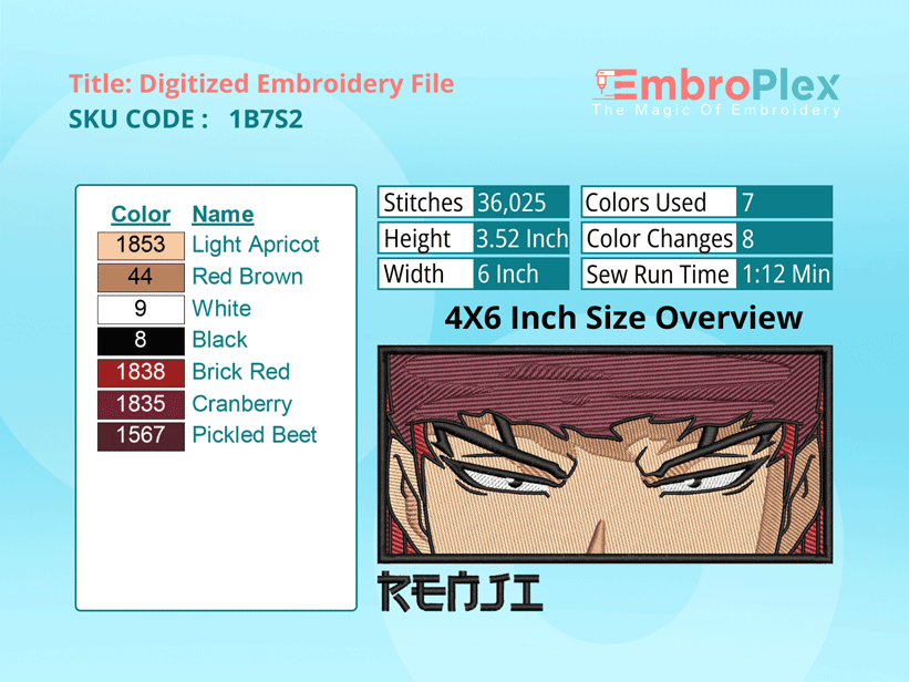 Anime-Inspired Renji Abara Embroidery Design File - 4x6 Inch hoop Size Variation overview image