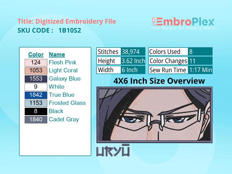 Anime-Inspired Uryu Ishida Embroidery Design File - 4x6 Inch hoop Size Variation overview image