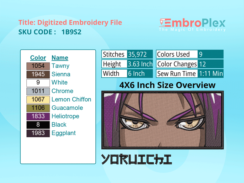 Anime-Inspired Yoruichi Shihouin Embroidery Design File - 4x6 Inch hoop Size Variation overview image