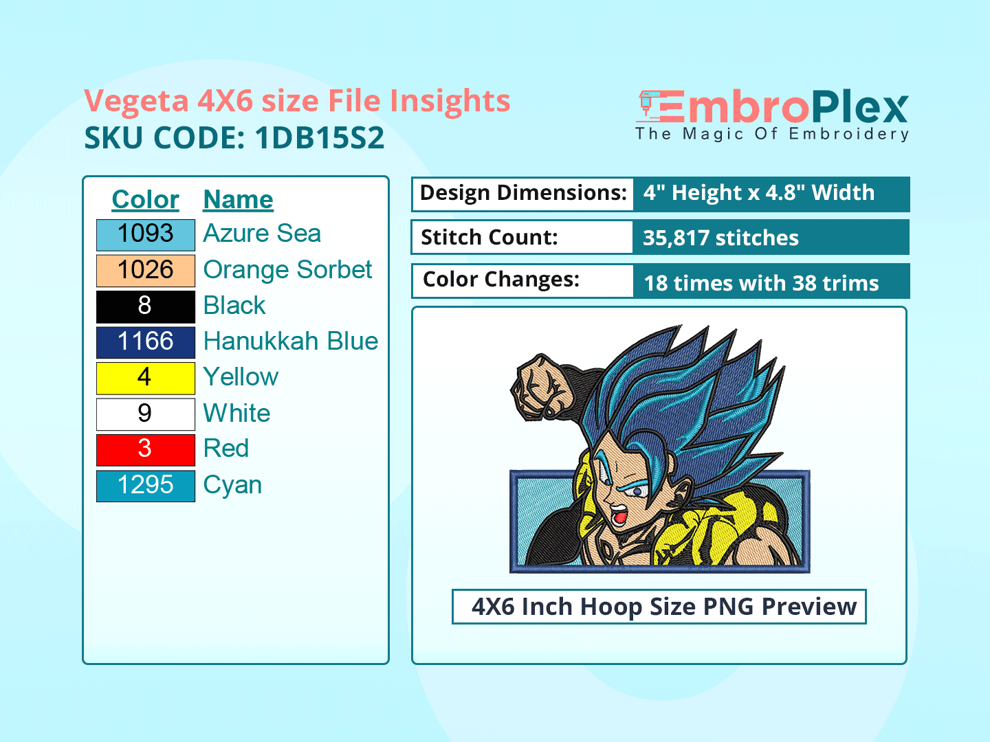 Anime-Inspired Vegeta Embroidery Design File - 4x6 Inch hoop Size Variation overview image