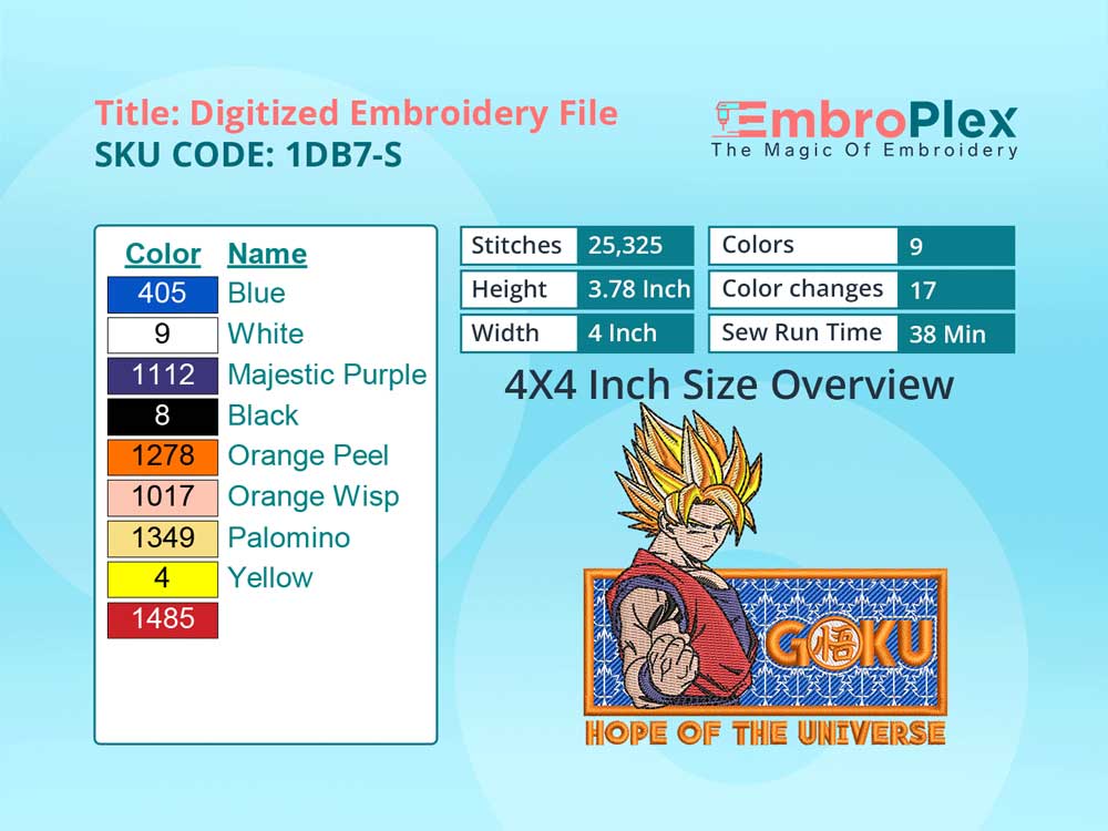 Anime-Inspired Goku Embroidery Design File - 4x4 Inch hoop Size Variation overview image