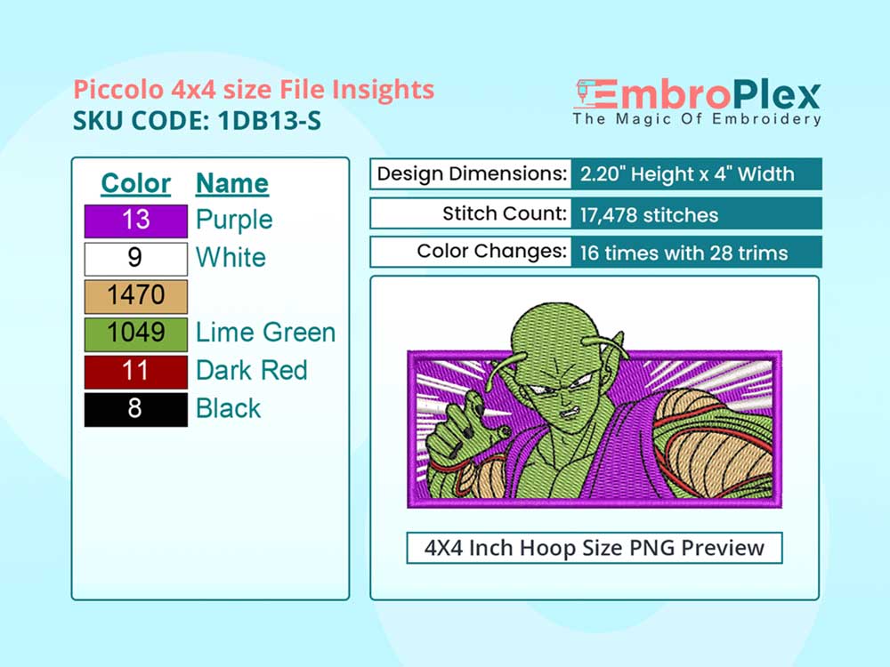 Anime-Inspired Piccolo Embroidery Design File - 4x4 Inch hoop Size Variation overview image