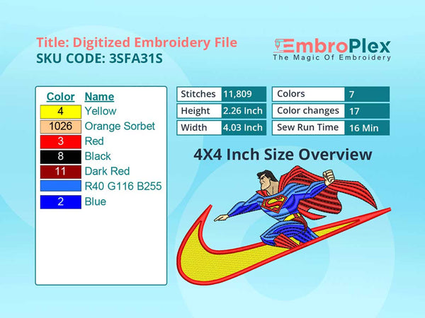 SuperMan Embroidery Design File - 4x4 Inch hoop Size Variation overview image