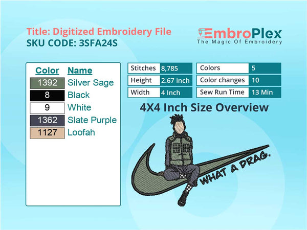 Shikamaru Embroidery Design File - 4x4 Inch hoop Size Variation overview image