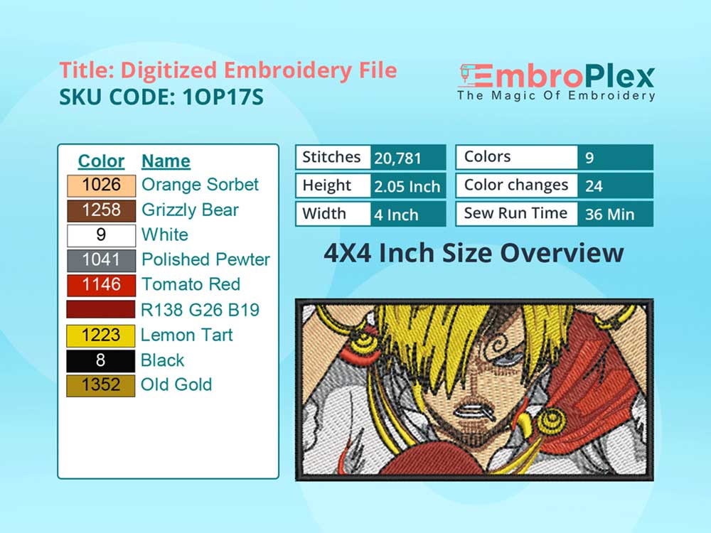  Anime-Inspired Sanji Embroidery Design File - 4x4 Inch hoop Size Variation overview image