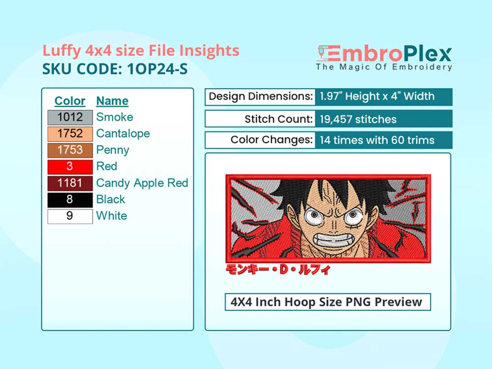  Anime-Inspired Luffy  Embroidery Design File - 4x4 Inch hoop Size Variation overview image
