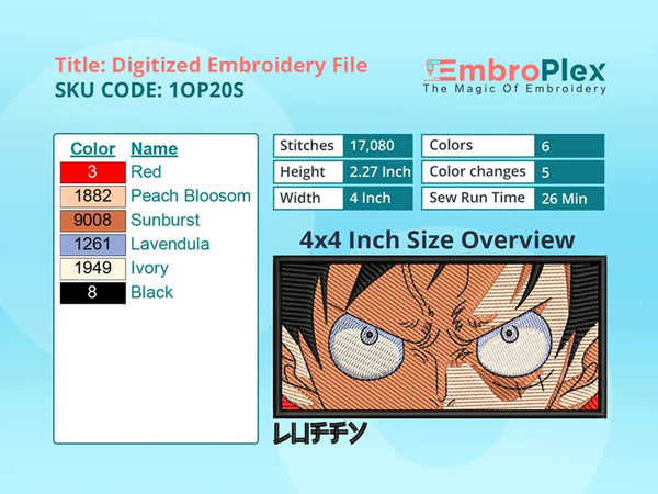  Anime-Inspired Luffy Embroidery Design File - 4x4 Inch hoop Size Variation overview image