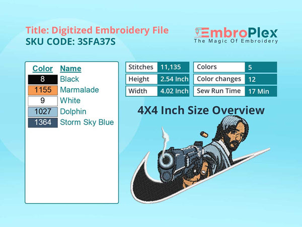 John Wick Embroidery Design File - 4x4 Inch hoop Size Variation overview image