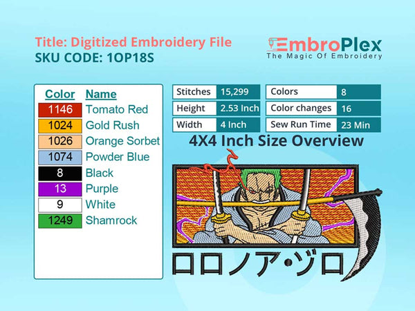 Anime-Inspired Roronoa Zoro Embroidery Design File - 4x4 Inch hoop Size Variation overview image