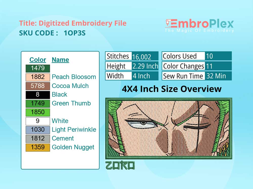Anime-Inspired Roronoa Zoro Embroidery Design File - 4x4 Inch hoop Size Variation overview image