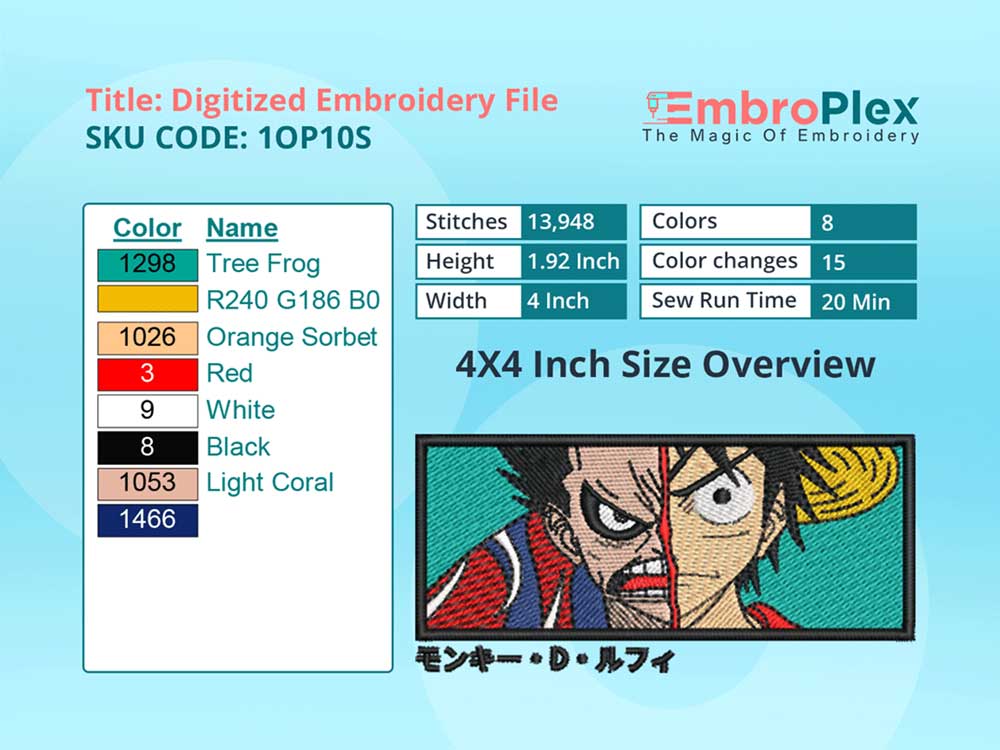 Anime-Inspired Luffy Embroidery Design File - 4x4 Inch hoop Size Variation overview image