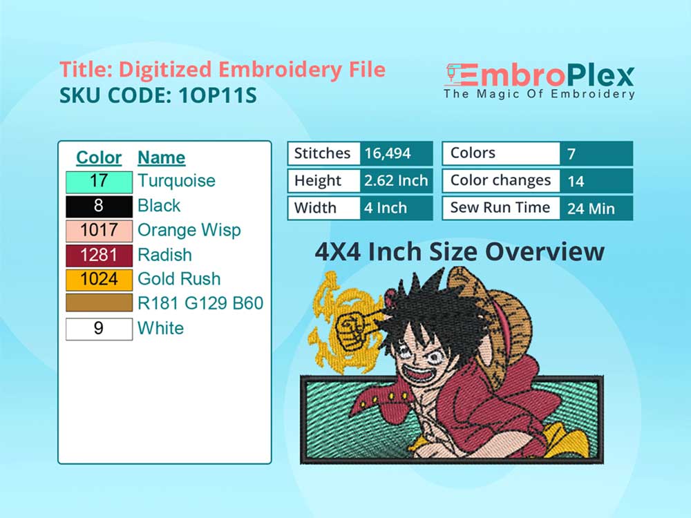 Anime-Inspired Luffy Embroidery Design File - 4x4 Inch hoop Size Variation overview image