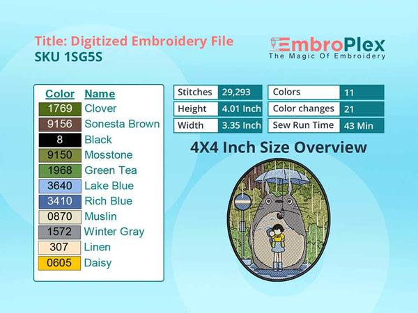 Anime-Inspired My Neighbour Totoro Embroidery Design File - 4x4 Inch hoop Size Variation overview image