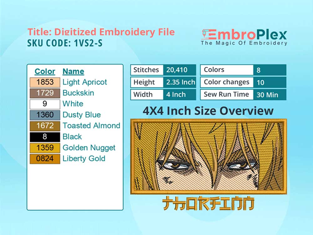 Anime-Inspired Thorfinn Embroidery Design File - 4x4 Inch hoop Size Variation overview image